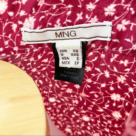 MNG Maroon Red Cream Floral Short Sleeve Button Down Fitted Top Shirt Size 2 - Picture 6 of 8